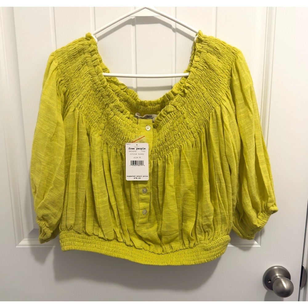 We The Free Women's Yellow Smocked Square Neck Button Blouse Cotton Size M